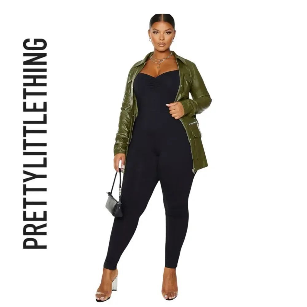 New PrettyLittleThing Plus Black Cotton Ruched Bust Women's Jumpsuit 18